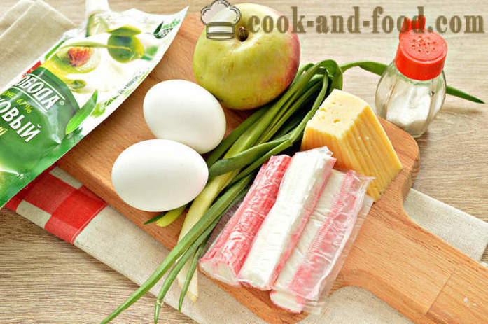 Slojeviti rakovica salata s jabukom - kako kuhati ukusna salata od rakova palicama, korak po korak recept fotografijama