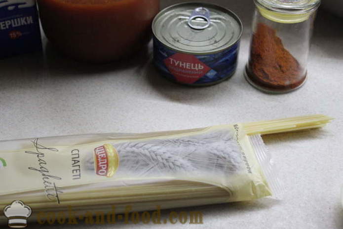 Špageti s tunom konzervirane u umaku od rajčice-krem - i ukusno kuhati špagete, korak po korak recept fotografijama