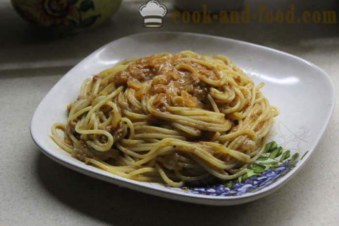 Špageti s tunom konzervirane u umaku od rajčice-krem - i ukusno kuhati špagete, korak po korak recept fotografijama