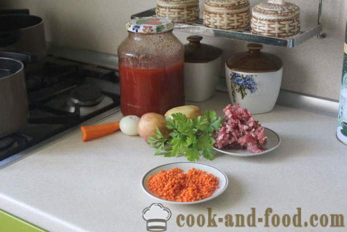 Jednostavna crvena leća juha s meatballs i rajčice - kako kuhati juha od crvene leće, s korak po korak recept fotografijama