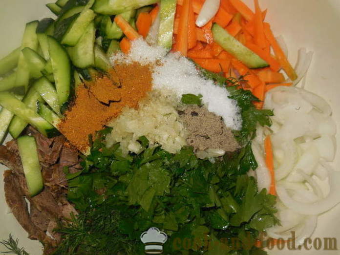 Salata s mesom u korejskom s krastavcima i mrkvom - kako kuhati hranu u korejskom, korak po korak recept fotografijama