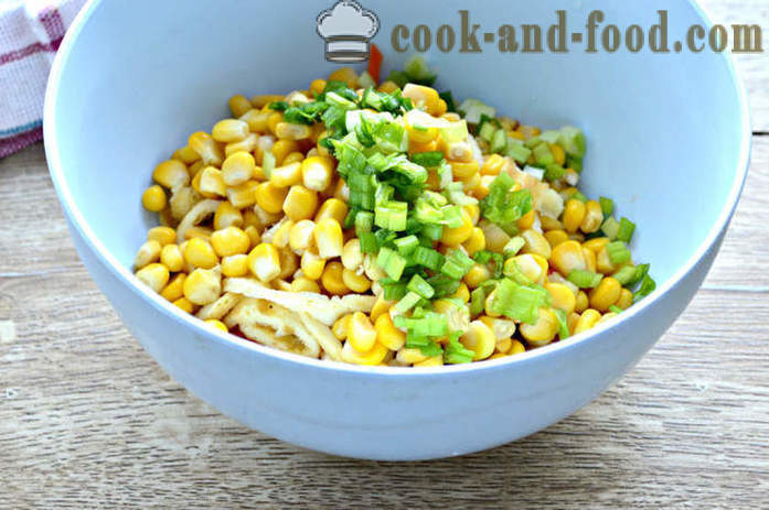 Salata od jaja palačinke, piletinu i kukuruz - Kako pripremiti salatu s jajima palačinke i kukuruza, s korak po korak recept fotografijama