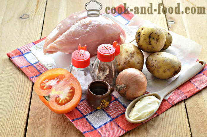 Pečeni krumpir s piletinom i paradajz - kako ispeći pile u pećnici s krumpirom, korak po korak recept fotografijama