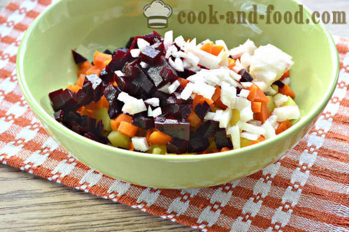 Jednostavno povrća salata s haringe - kako napraviti vinaigrette s haringe, korak po korak recept fotografijama
