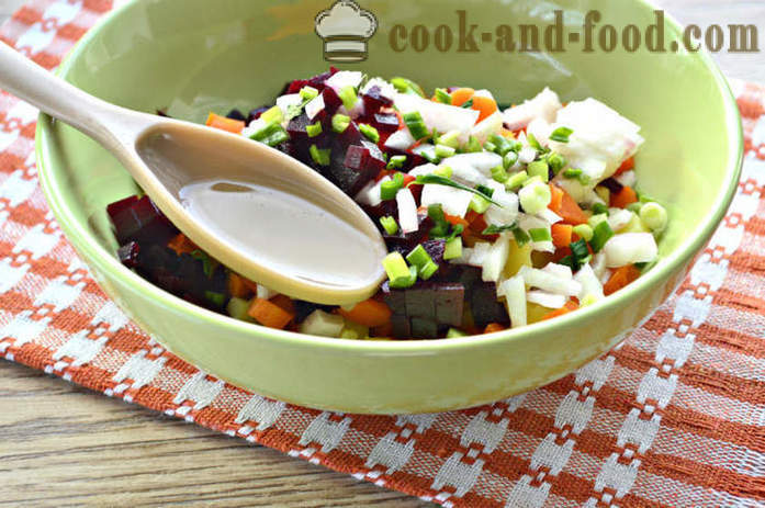 Jednostavno povrća salata s haringe - kako napraviti vinaigrette s haringe, korak po korak recept fotografijama