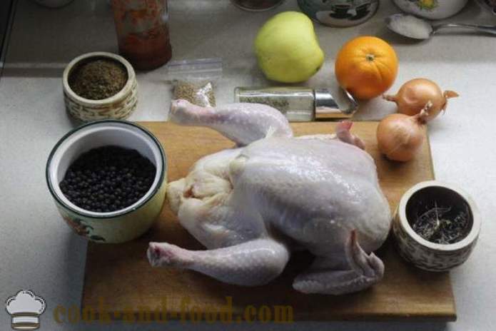 Piletina u pećnici cjelini, s jabukama i narančama - kao ukusna pečena piletina u pećnici cjelini, korak po korak recept fotografijama