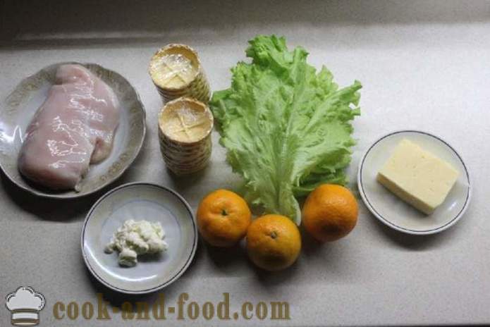 Novogodišnja salata s pilećim prsima i mandarine - kako pripremiti salatu s piletinom i mandarina, korak po korak recept fotografijama