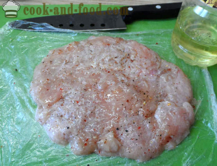 Pileći odresci sa sirom u pećnici - kako kuhati kotleta piletina je ukusna, sa korak po korak recept fotografijama