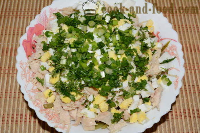 Celer salata s piletinom, jajima, krastavcima i majonezom - kako se pripremiti salatu od celera korijen, korak po korak recept fotografijama