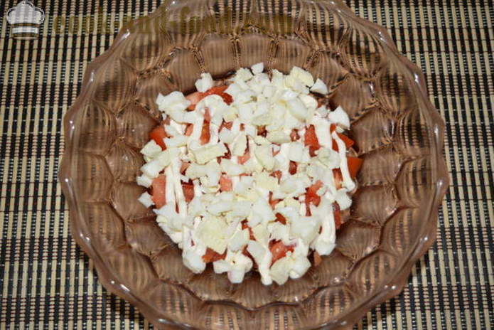 Salata sa rakovima štapovima, rajčica, sir i jaja - kako kuhati ukusna salata od rakova palicama, korak po korak recept fotografijama
