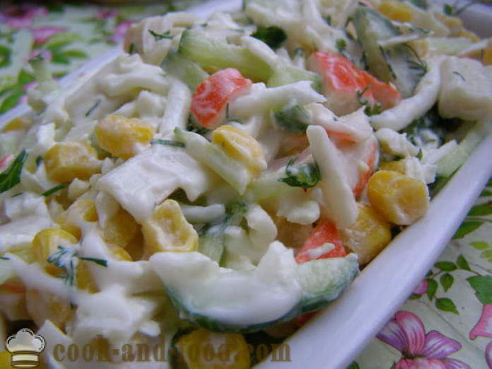 Ukusna rakovica salata s kukuruzom i jaja - Kako kuhati rakovica salata s kukuruzom brzo i ukusno, s korak po korak recept fotografijama