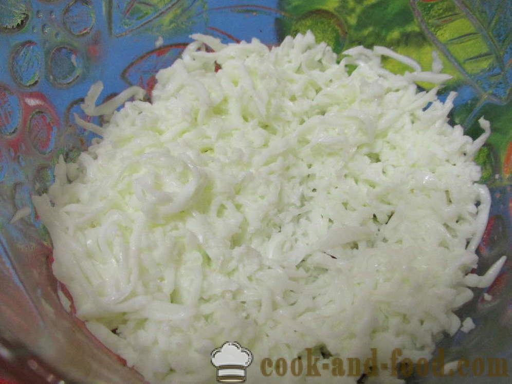 Mimoza salata s limenkama i topljeni sir - kako se pripremiti salatu s Mimosa konzervirane bez ulja, korak po korak recept fotografijama