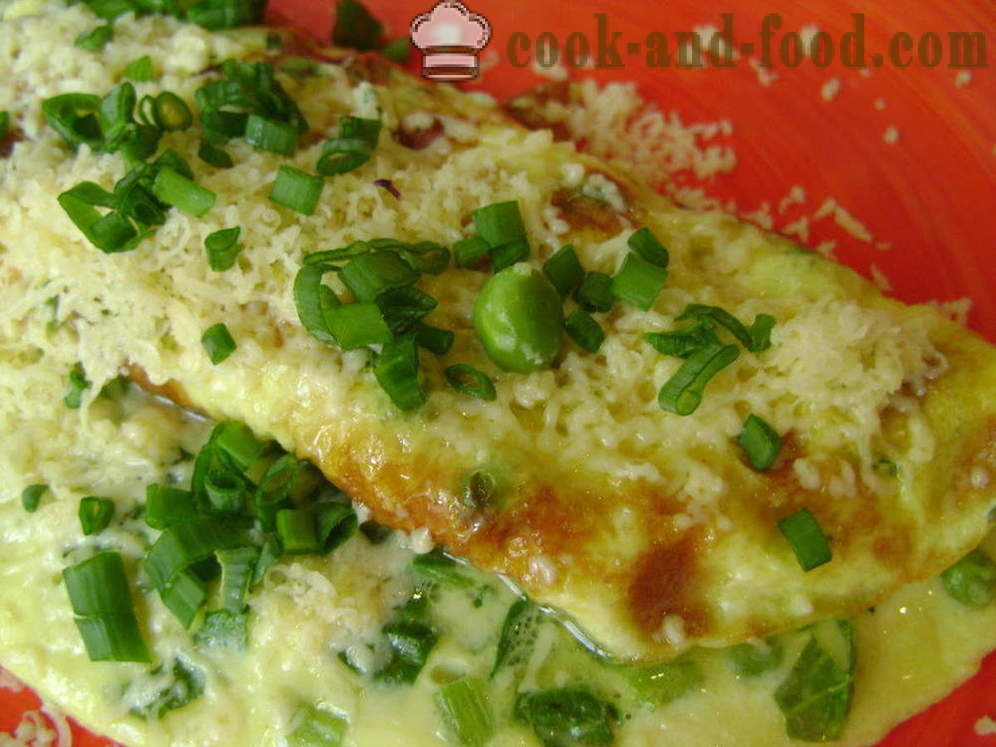 Lush kajgana s mlijekom, špinata i graška - kako napraviti mekani omlet u tavi, s korak po korak recept fotografijama