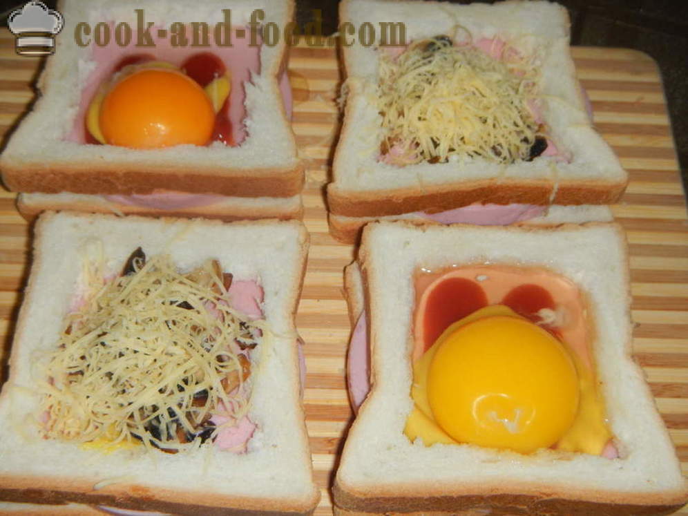Vrući sendviči s jaje u pećnici - kako napraviti vrući sendvič s jajima, kobasica i gljiva, korak po korak recept fotografijama