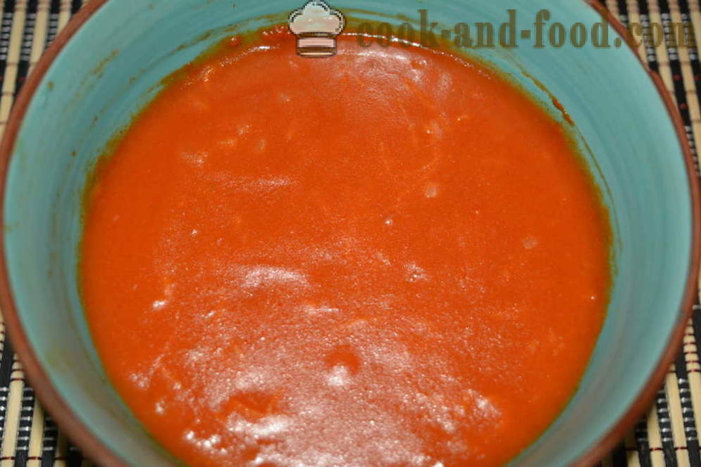 Brzo-sos umak s rajčica u mikrovalnoj pećnici - kako kuhati umak od rajčice, umak u mikrovalnoj pećnici, korak po korak recept fotografijama