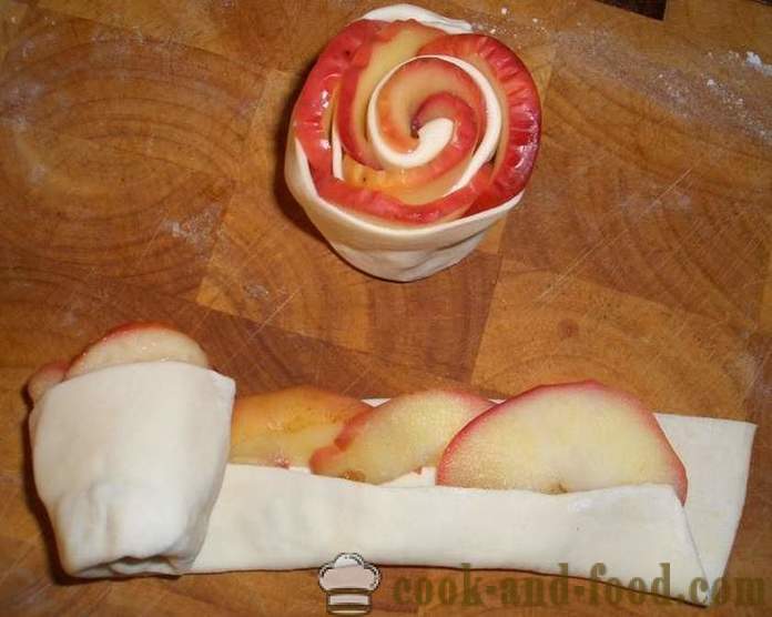 Rose kolač od lisnatog tijesta i jabuka pod snijegom od šećera u prahu - recept u pećnici, s fotografijama