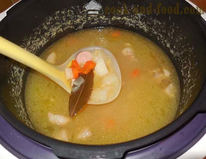 Juha od graška u multivarka, s mesnim i dimljenim kobasicama - kako kuhati juha od graška - korak po korak recept fotografijama