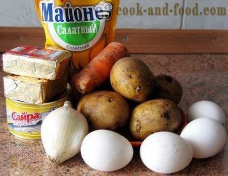 Mimosa salata - turn-based klasični recept sa sirom, maslacem, konzervirane hrane i krumpir (foto, video)